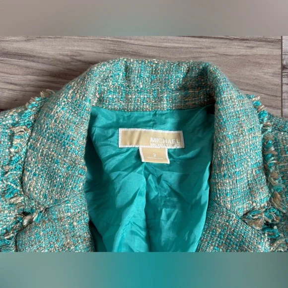 Michael Kors Tweed Jacket Blazer – Size 2 – Turquoise Fringe Trim - Picture 3 of 5